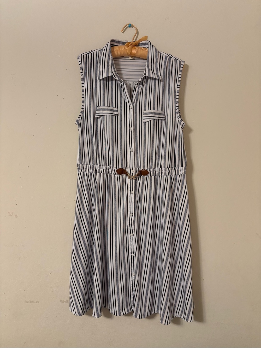 Striped Sleeveless Shirt Dress with Waist Tie in Blue and White